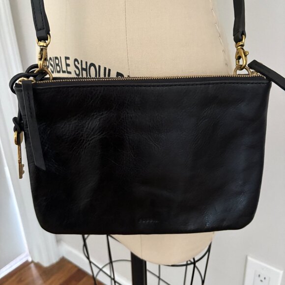 Fossil Devon Double Zip Crossbody Black Leather with Key Charm - Picture 2 of 8
